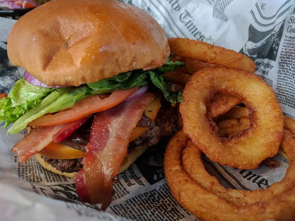 Carolina BBQ Burger and Onion Rings